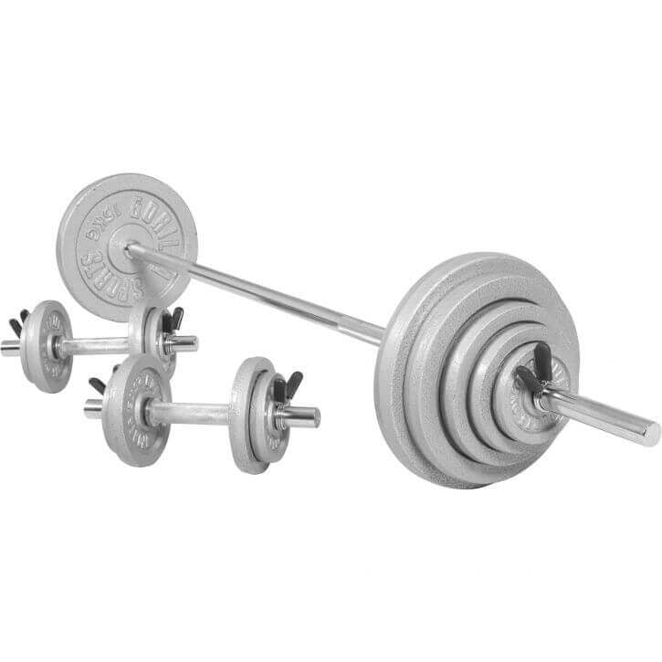 100 Kg painosetti levytangolla ja käsipainotangoilla
