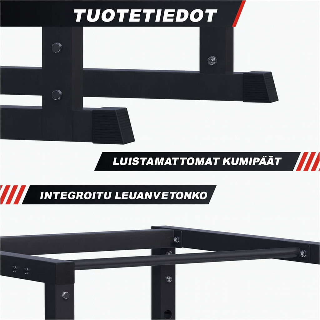 Power Rack kyykkyhäkki turvaraudoilla ja leuanvetotangolla, musta