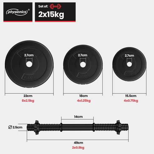 Säädettävä käsipainosarja 30 kg, muovipinnoitetut levypainot 25 mm