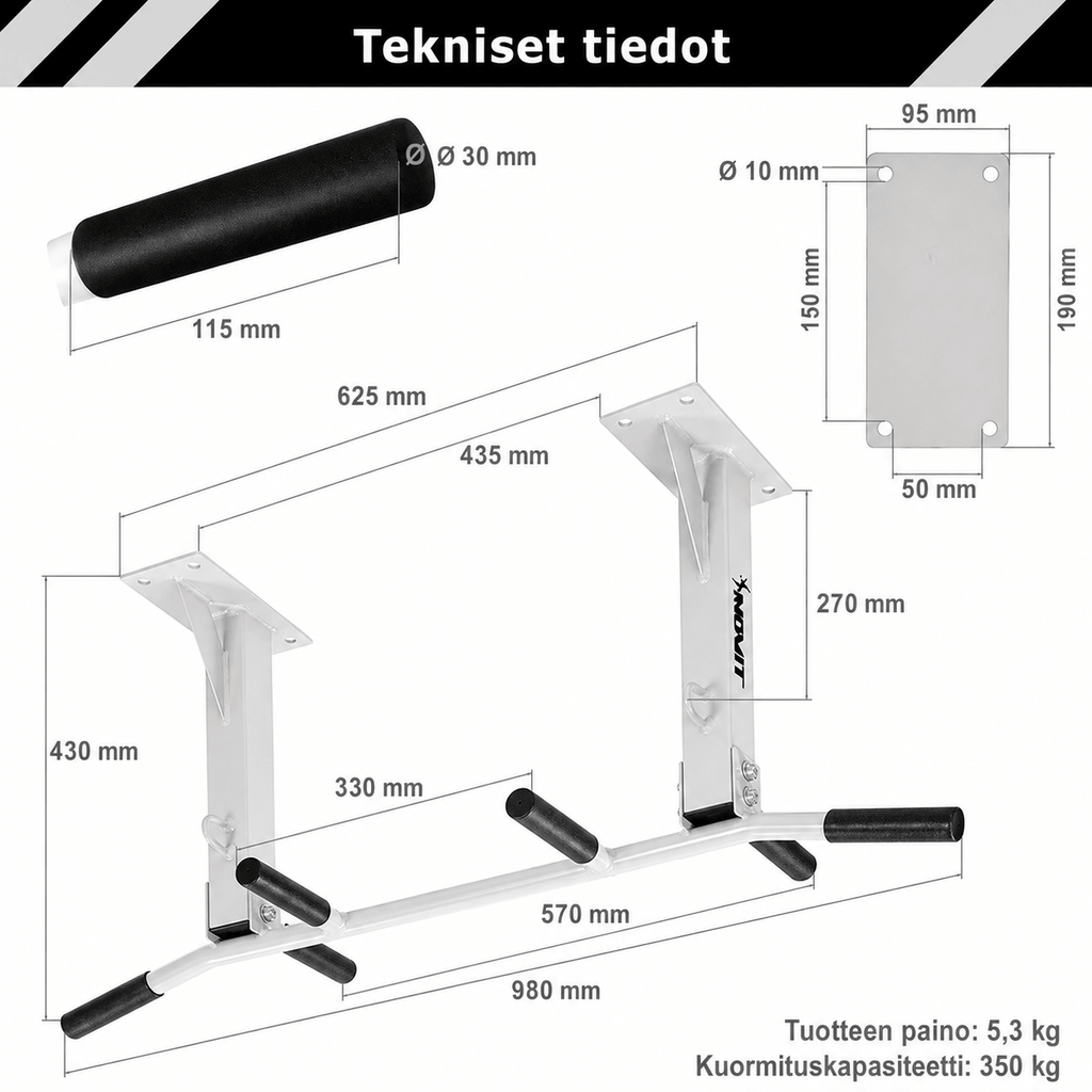 Leuanvetotanko kattoon 350 kg, moniotemalli – musta/valkoinen