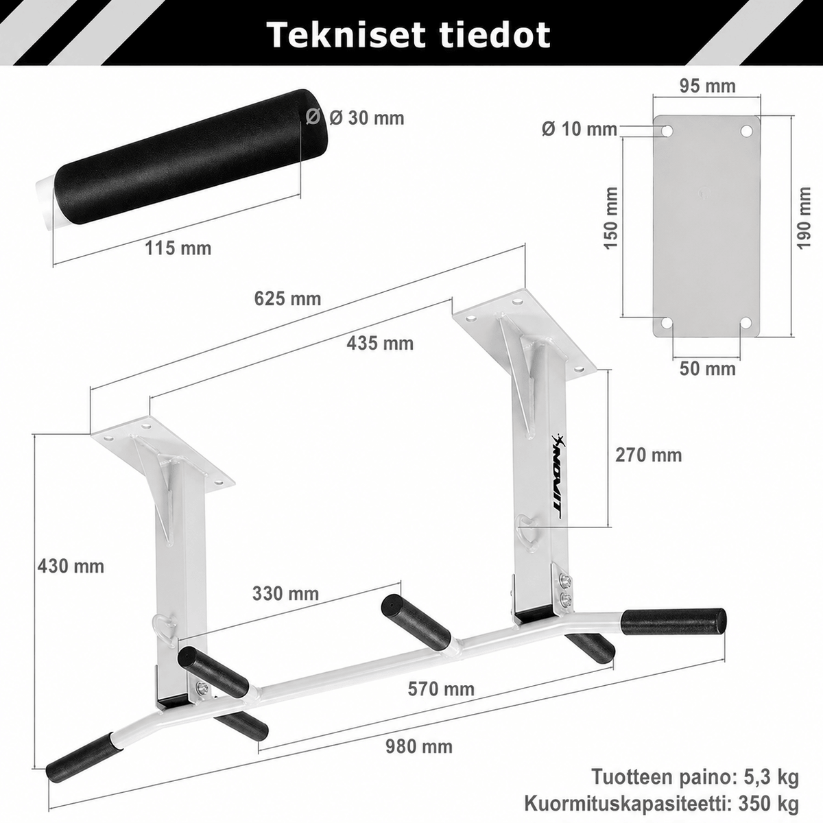 Leuanvetotanko kattoon 350 kg, moniotemalli – musta/valkoinen