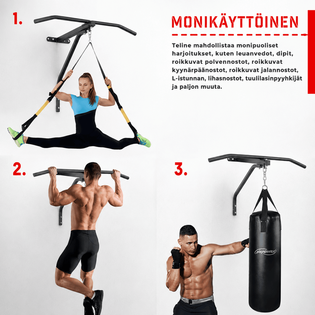 Leuanvetotanko ja nyrkkeilysäkin seinäteline 2-in-1