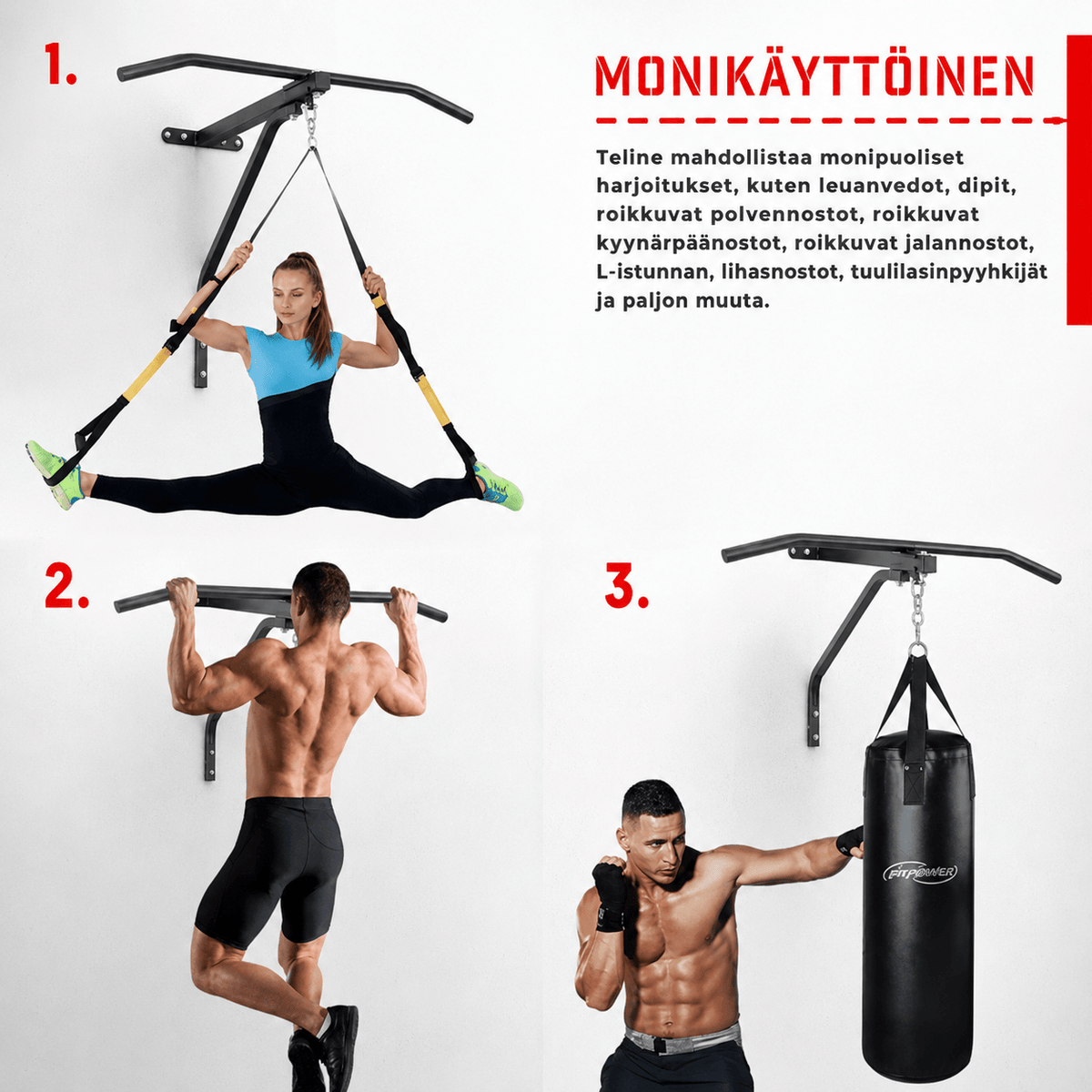 Leuanvetotanko ja nyrkkeilysäkin seinäteline 2-in-1