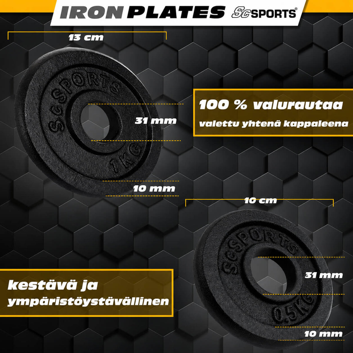 Valurautainen käsipainosarja salkulla 15–20 kg