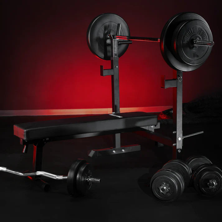 Taitettava painonnostopenkki + 100 kg levytankosarja