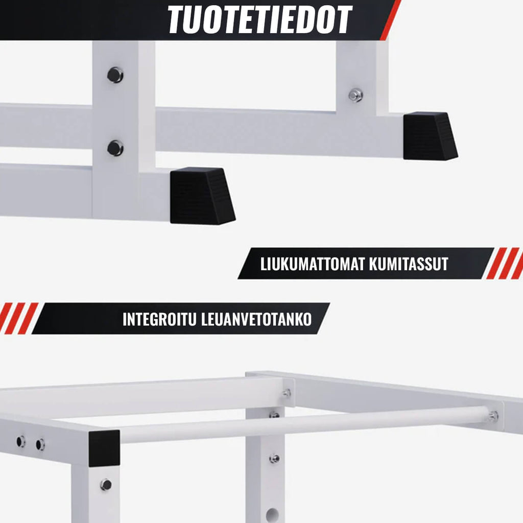 Power Rack kyykkyhäkki turvaraudoilla ja leuanvetotangolla