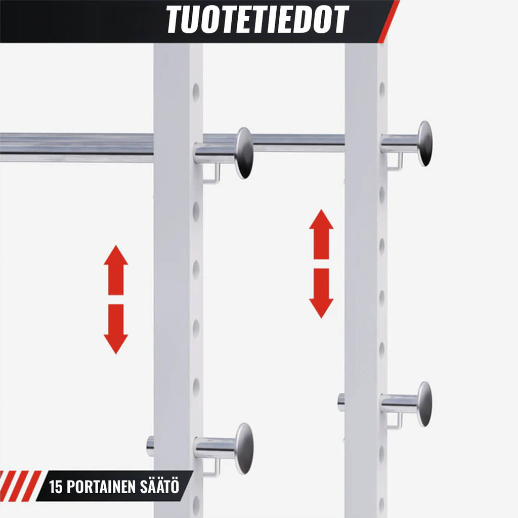 Power Rack kyykkyhäkki turvaraudoilla ja leuanvetotangolla
