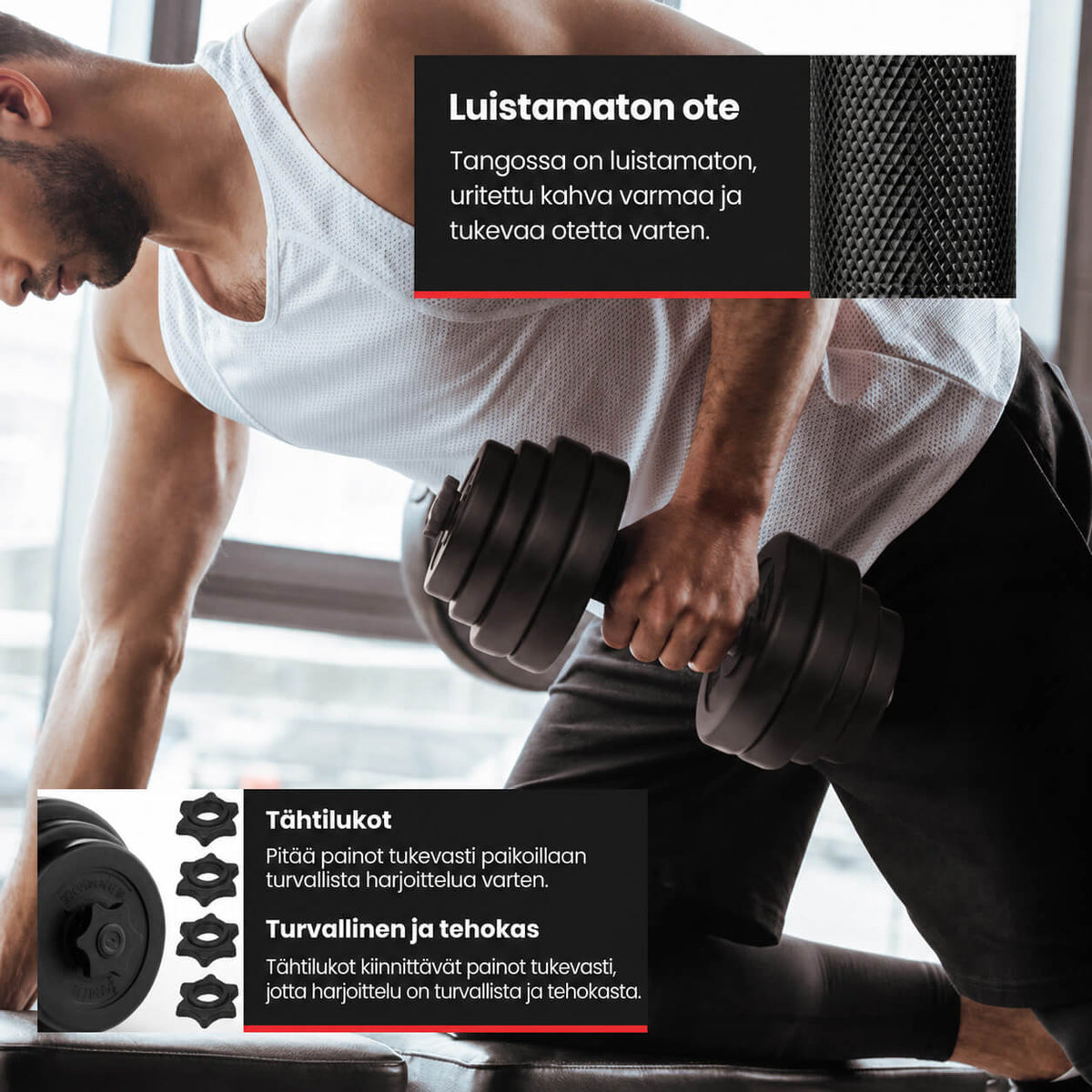 Säädettävä käsipainosarja 30 kg, muovipinnoitetut levypainot 25 mm
