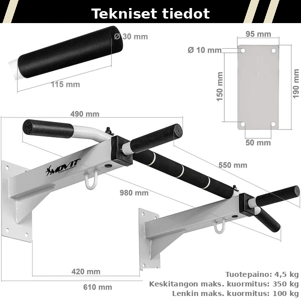 Seinään kiinnitettävä leuanvetotanko 350 kg
